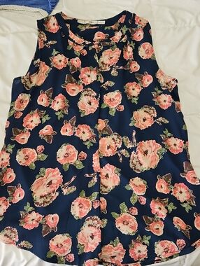Gibson Navy Blue Floral Sleeveless Tank Top with Pink Blooms